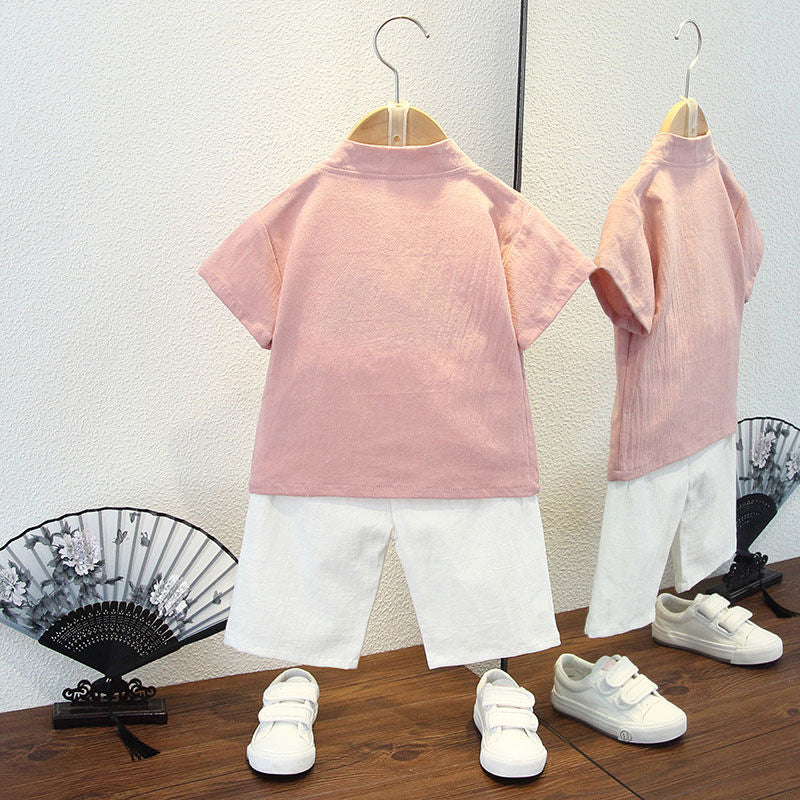 P Children's summer style Hanfu 2 boys Chinese style cotton and linen short sleeve Tang costume set 7 baby thin Chinese costumes