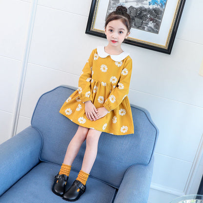 Girls spring and autumn dress flowers, new korean version doll collar long sleeve princess skirt, middle and big children's skirt shirt, children