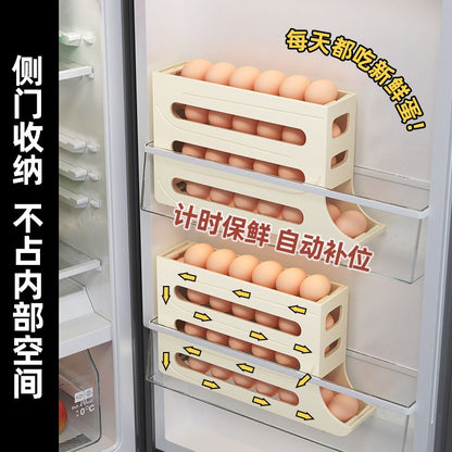 Caja de almacenamiento de huevos deslizante, caja de almacenamiento de puerta lateral de refrigerador, soporte de rejilla para huevos rodante de grado alimenticio, caja de huevos rodante automática 