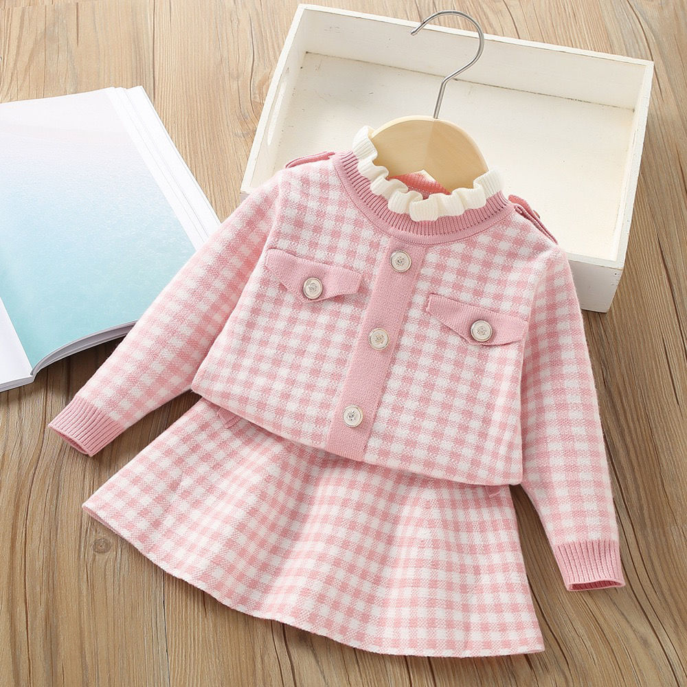 Girl's sweater set autumn and winter new Korean style western-style baby girl plaid small fragrant style knitted two-piece dress