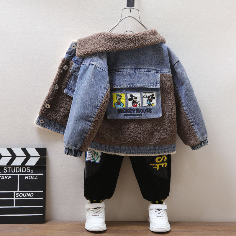 Boys' velvet denim jacket autumn and winter children's thickened denim jacket