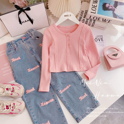 P girl suit spring new Korean version of foreign style girl long sleeve round neck waist top jeans two-piece set