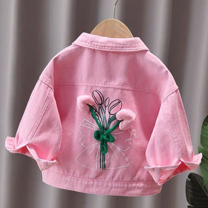 P Abrigo nuevo de primavera y otoño para niña, moda extranjera, tesoro femenino, lindo abrigo rosa con flores tridimensionales en la espalda 