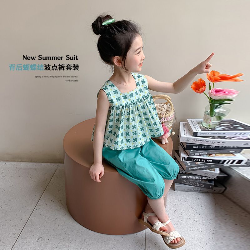 P ohm bear girl suit summer 2024 new fashionable western style online celebrity summer clothes baby children&#039;s short sleeves.