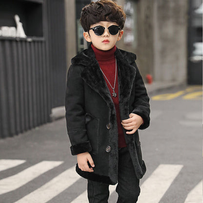 Boys' woolen coat mid-length 2023 new autumn and winter children's stylish fur one-piece handsome thickened coat