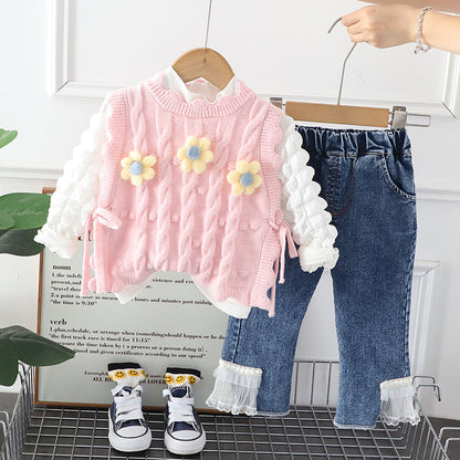 Girls Spring and Autumn Set New Little Girl Cute Knitted Vest Jeans Children's Western Style Three piece Set Trendy