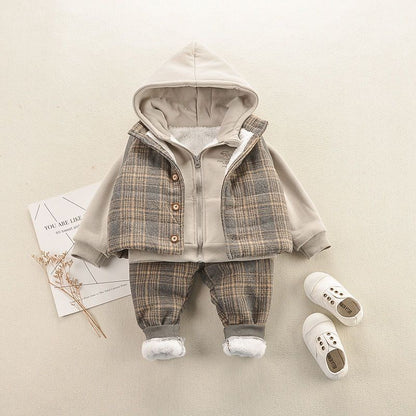 P Children's clothing new boys winter girl baby cotton jacket set autumn and winter three -piece outer plus velvet thick baby clothes