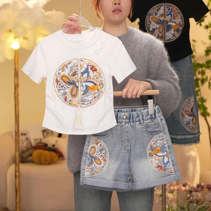 P Girls Summer Chinese Style Set 2024 Summer New Children's New Chinese Short sleeved T-shirt and Jeans Two piece Set