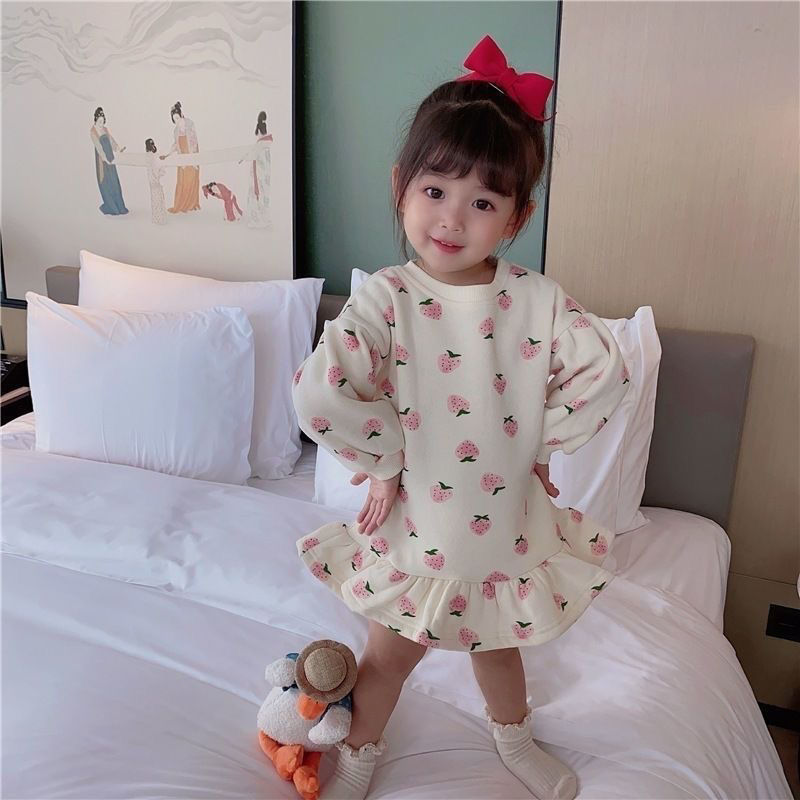 Girls&#039; new sweater dress cashmere autumn and winter children&#039;s clothing western-style dress children&#039;s baby polka-dot flower bud skirt