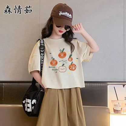 P Girls' suit, summer clothes, 2024 new foreign style girls, short-sleeved middle-sized children's wide-leg pants, cropped pants, two-piece children's clothes