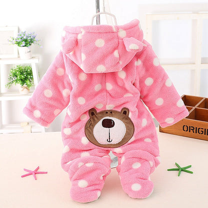 A baby jumpsuit, polka dot bear foot-wrapped Romper coral fleece autumn and winter clothing, climbing clothes, polka dots.