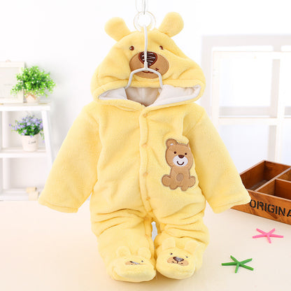 A baby jumpsuit, polka dot bear foot-wrapped Romper coral fleece autumn and winter clothing, climbing clothes, polka dots.