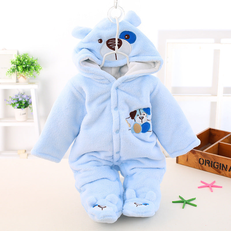 A baby jumpsuit, polka dot bear foot-wrapped Romper coral fleece autumn and winter clothing, climbing clothes, polka dots.