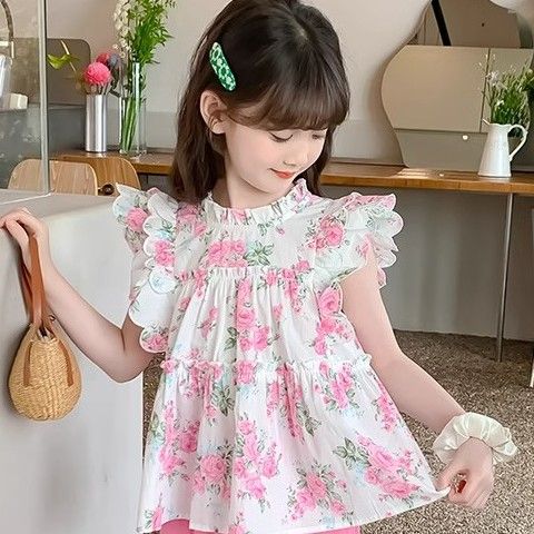 Conjunto de verano para niñas P 2024 Nuevo estilo occidental Internet de verano para niños Ropa de moda popular para niños Conjunto de dos piezas sin mangas para niñas pequeñas 