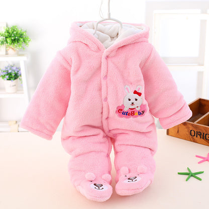 A baby jumpsuit, polka dot bear foot-wrapped Romper coral fleece autumn and winter clothing, climbing clothes, polka dots.