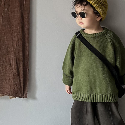 P children's clothing children's pullover knitted sweater autumn and winter new Korean version boys and girls baby retro simple solid color sweater long sleeve