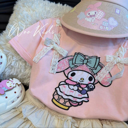 Traje de algodón Melody para niñas P 2024 Nueva ropa de verano Atmósfera extranjera Linda camiseta de manga corta Falda corta Ropa para niños 