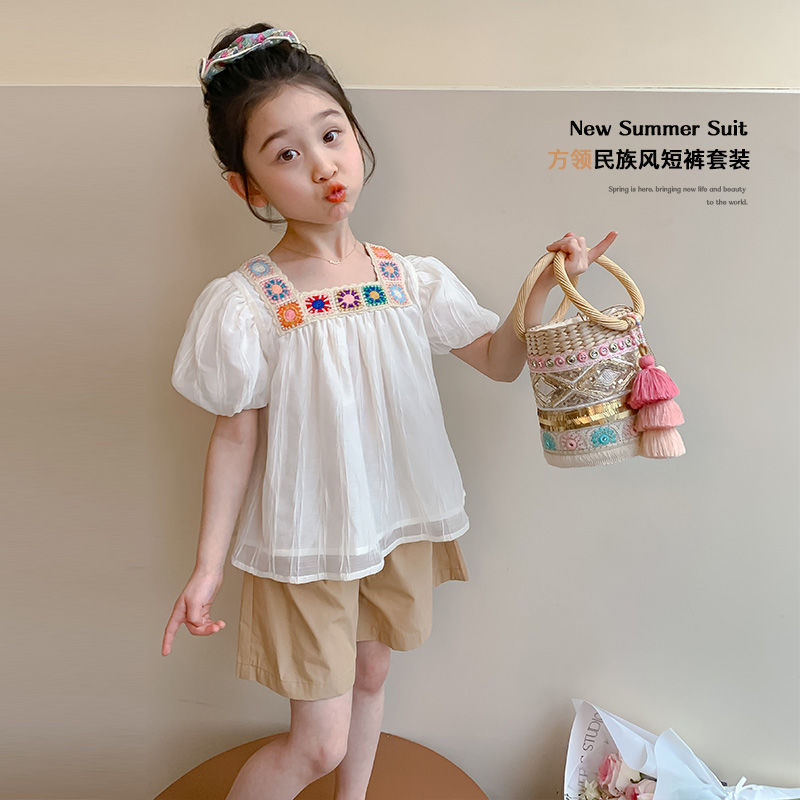 P Ohm Bear Girls' New Chinese Set Ethnic Set 2024 Summer New Female Baby Fashionable and Fashionable Two Piece Set