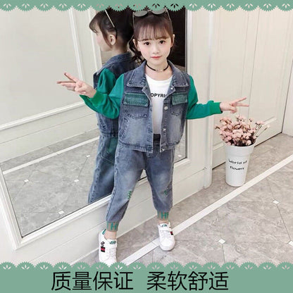 P Girls Denim Suit Spring and Autumn Girls 2024 Children's Foreign Style Soft Long Trendy Cool Korean Edition Medium and Older Children Two-piece Set