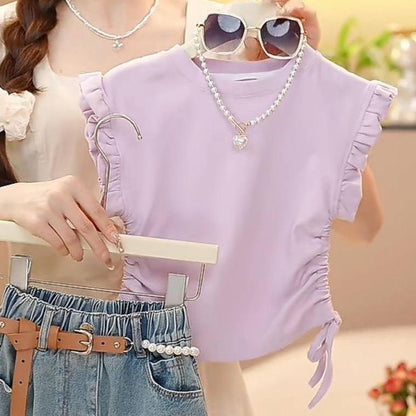 P Girls' Summer Dress Set 2024 New Fashionable Short sleeved Summer Denim Skirt for Children Two Piece Set