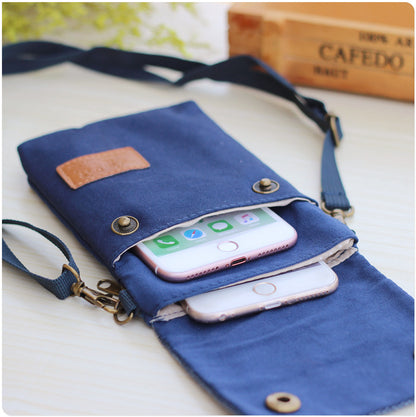 Solid color canvas 3-layer cross-body mobile phone bag, simple fabric women's bag, wallet