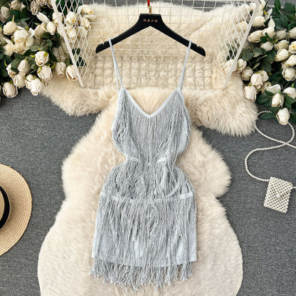 P sexy hollow backless fluffy fringed splicing suspender dress women's pure desire advanced sense thin birthday dress dress dress