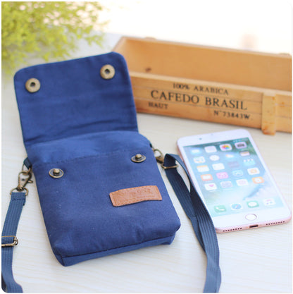 Solid color canvas 3-layer cross-body mobile phone bag, simple fabric women's bag, wallet