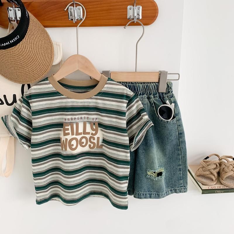 P Boys Summer Suit Foreign Style Kids Short Sleeve Denim Shorts 2024 New Fashionable Handsome Baby Thin Clothes