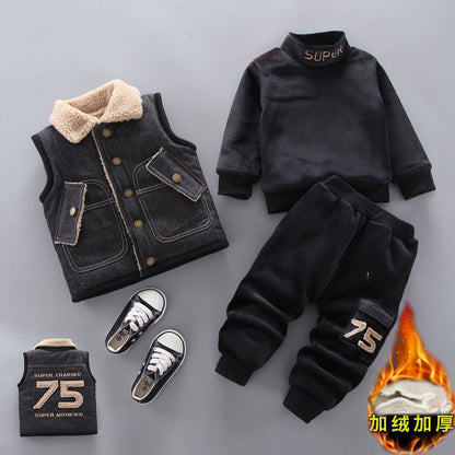 P Boys' thickened winter double-layer jacket three-piece set of thickened pants Children's clothing 0-4 years old fleece turtleneck underwear fleece