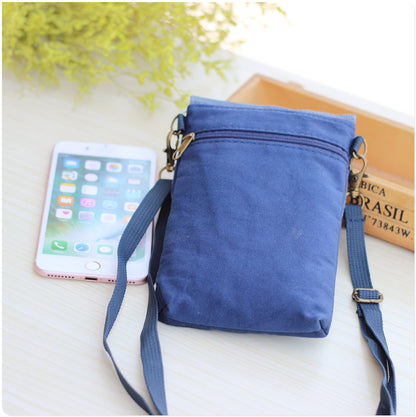 Solid color canvas 3-layer cross-body mobile phone bag, simple fabric women's bag, wallet