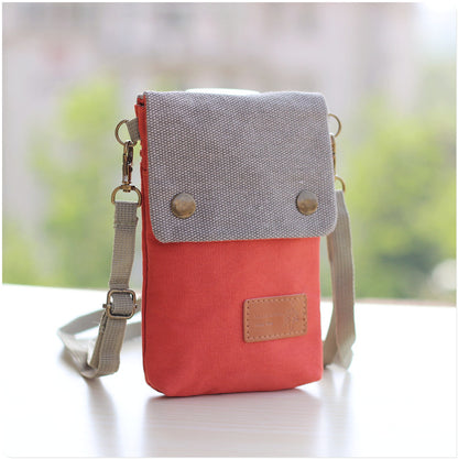 Solid color canvas 3-layer cross-body mobile phone bag, simple fabric women's bag, wallet