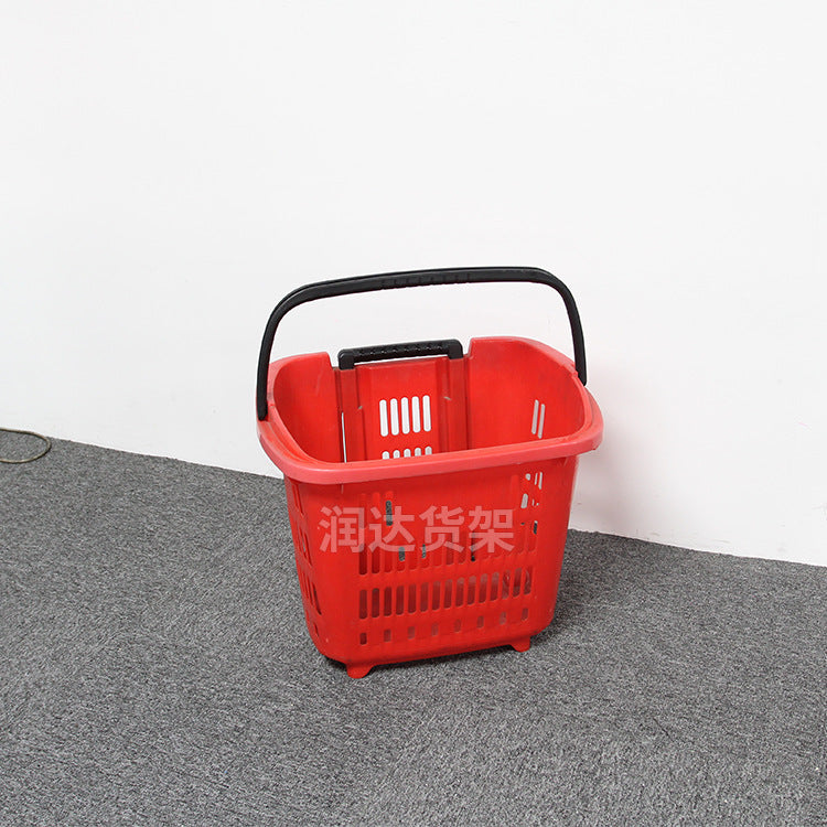 A Plastic hand-pulled basket Double tie rod shopping frame with wheel, shopping mall hand-held quantity hand-held shopping basket, cable-pulled shopping cart