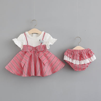 A294 exporting children&#039;s wear wholesale summer new girls&#039; stitching shirts with shorts two-piece suit 0-4 years old. 0.18