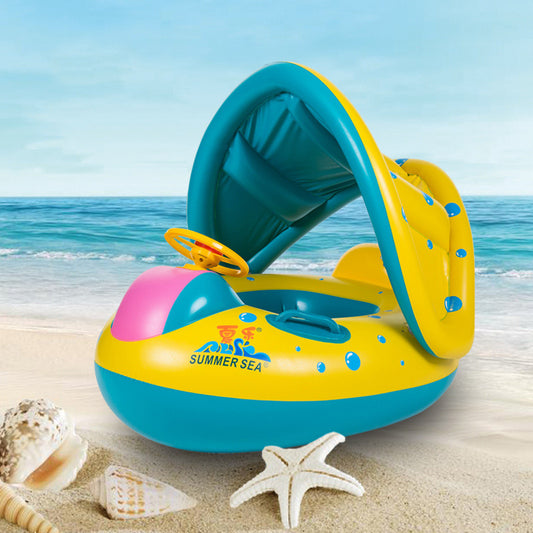 Anillo de natación para niños: barco de natación para bebés, círculo inflable para sentarse de verano, con bocina, protector solar, sombrilla y juguetes acuáticos. 