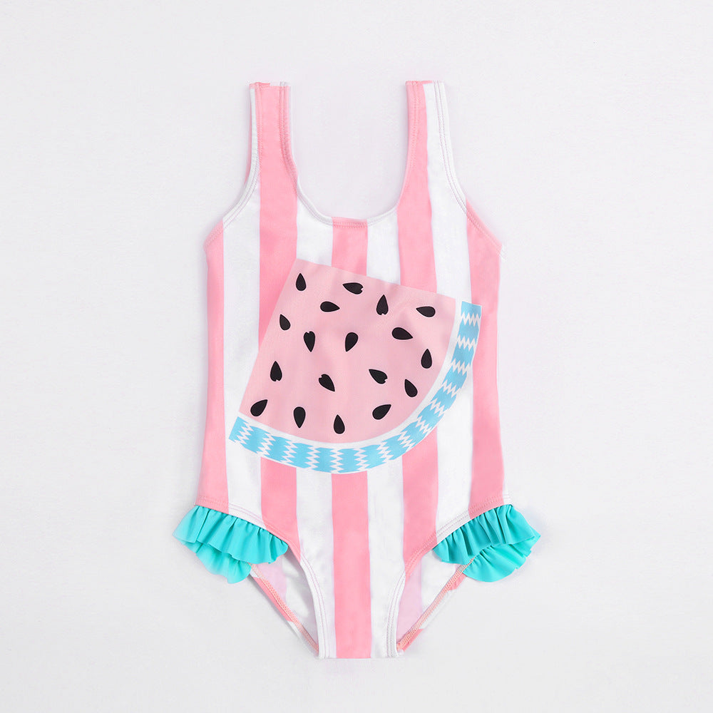 Un nuevo traje de baño de una pieza de gran venta transfronterizo europeo y americano, estampado de sandía, niña de dibujos animados dulce y linda, traje de baño para niños de 0,2 kg 