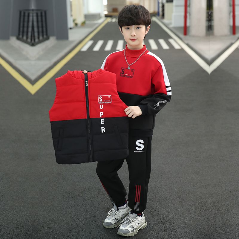 P boys autumn suit new foreign style medium and large children's boys winter thickened fleece sweater three-piece set tide