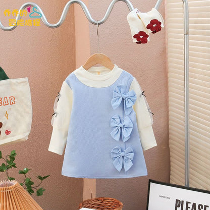 Girls dress spring and autumn 2023 new little fragrance bow fake two small children's fashionable princess skirt tide