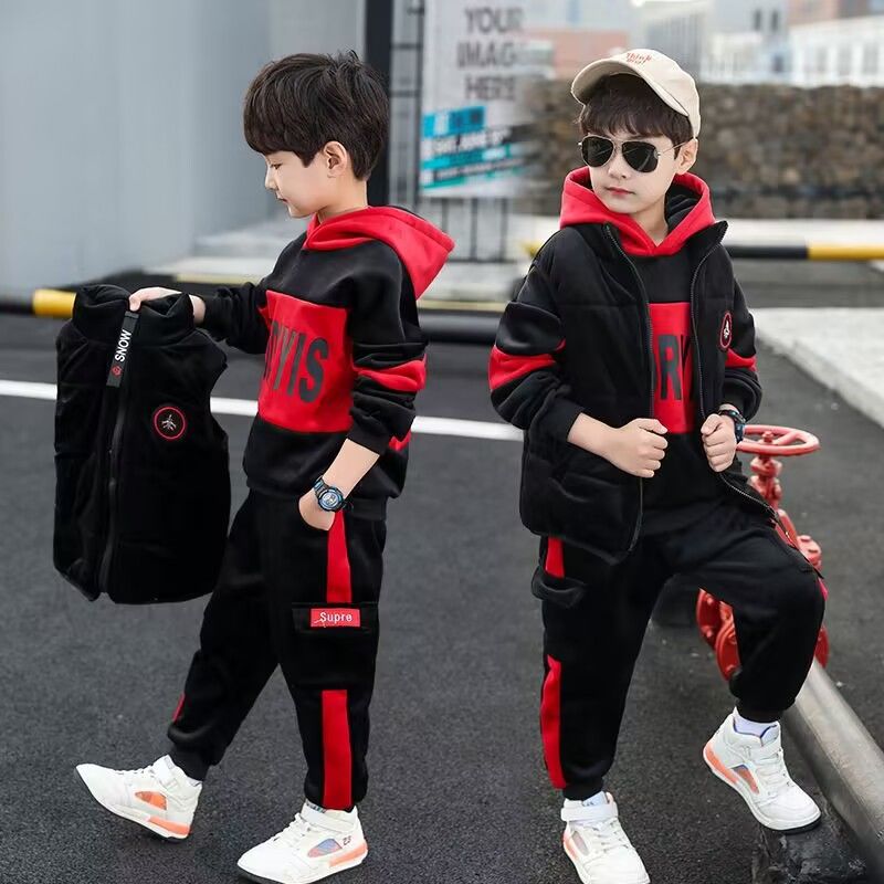 P children's clothing boys' winter clothing set new Korean version thickened and velvet trendy boys' autumn and winter sweater three-piece set