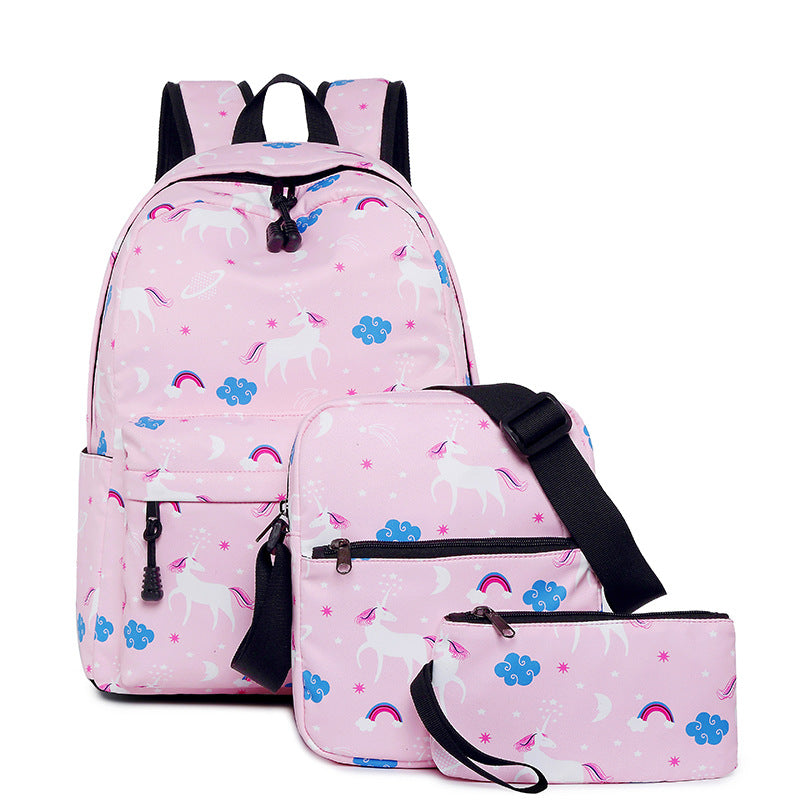 A Amazon high school student backpack, female unicorn children's backpack, customized crossbody bag, pen bag, three piece set, shoulder bag, female