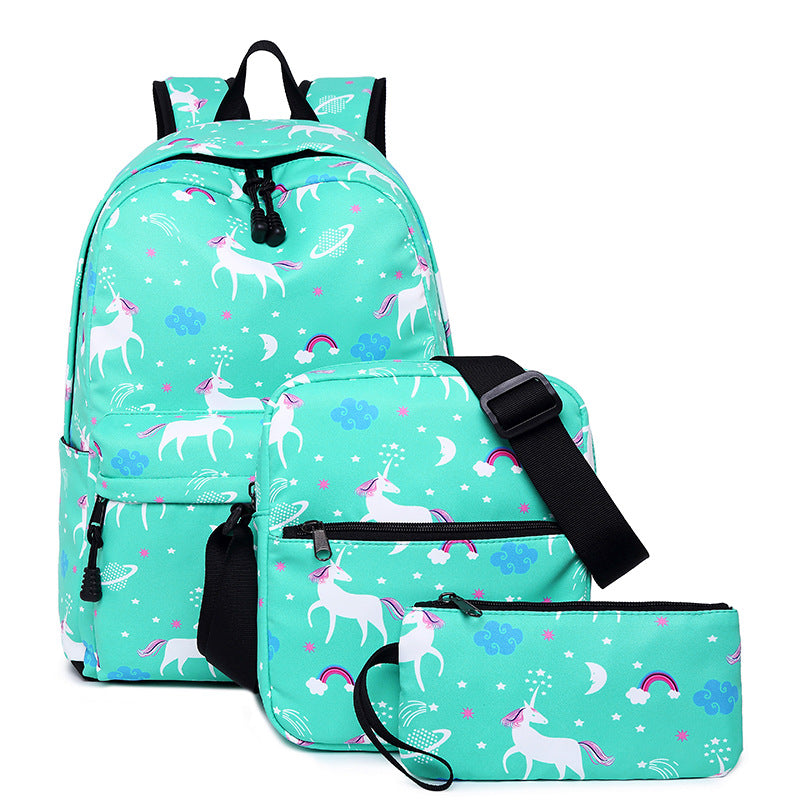 A Amazon high school student backpack, female unicorn children's backpack, customized crossbody bag, pen bag, three piece set, shoulder bag, female