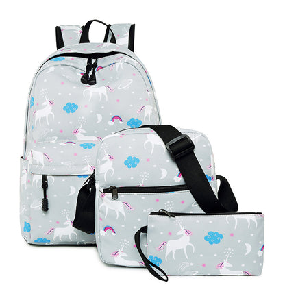 A Amazon high school student backpack, female unicorn children's backpack, customized crossbody bag, pen bag, three piece set, shoulder bag, female