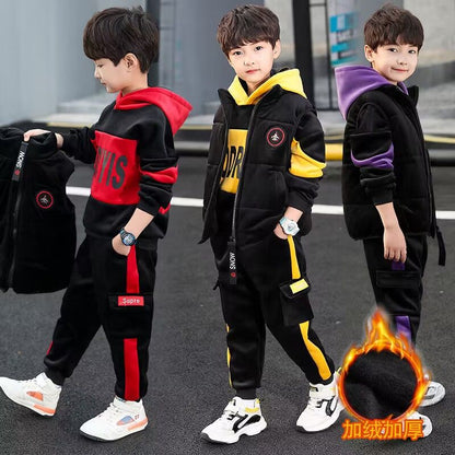 P children's clothing boys' winter clothing set new Korean version thickened and velvet trendy boys' autumn and winter sweater three-piece set