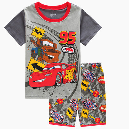 Conjunto de pijama de algodón de manga corta para niños con diseño de dibujos animados de coches de verano nuevo de P