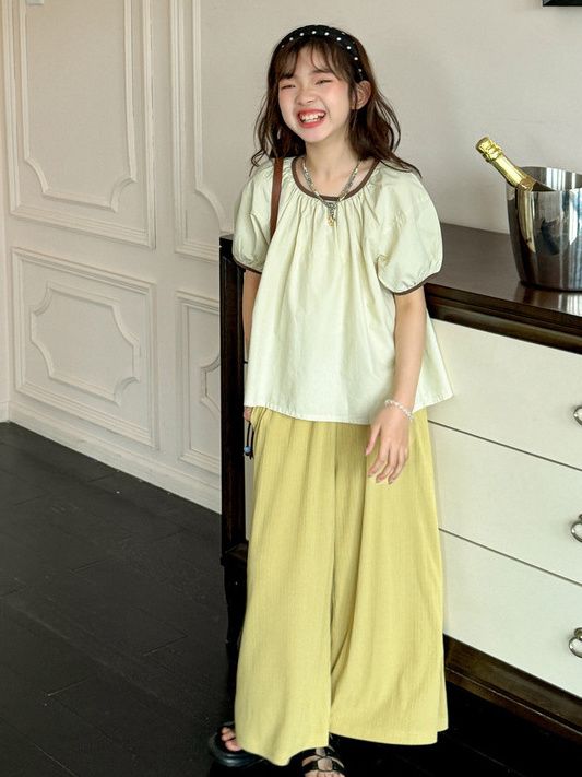 P Lazy Style Girls' Set Summer Children's Short sleeved T-shirt Loose Wide Leg Pants Thin Children's casual two-piece set