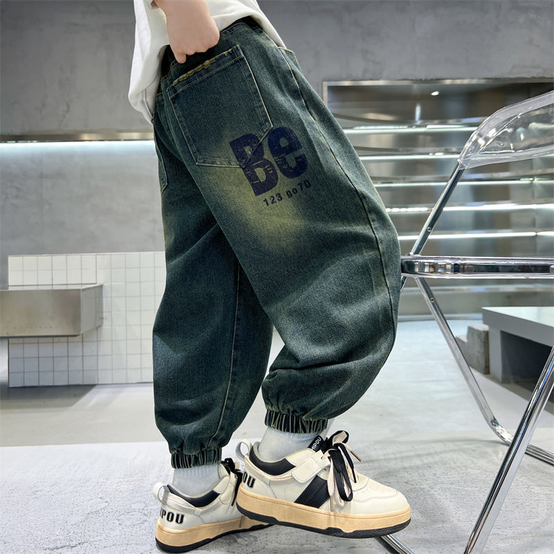 P Boys Tie Jeans Spring and Autumn 2024 New Children's Blue Pants Casual Middle and Older Children's Autumn Pants Tide