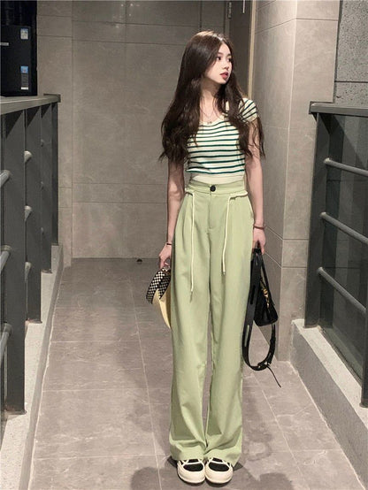 P ROSEL/Rou Sha Er Summer Wear Women's 2024 New Stripe Age Reducing Top Slimming Wide Leg Pants Two Piece Set