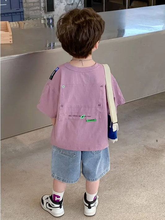 P children's clothing men's summer clothing children's short sleeved denim half sleeved summer children's t-shirt casual short Korean version baby set