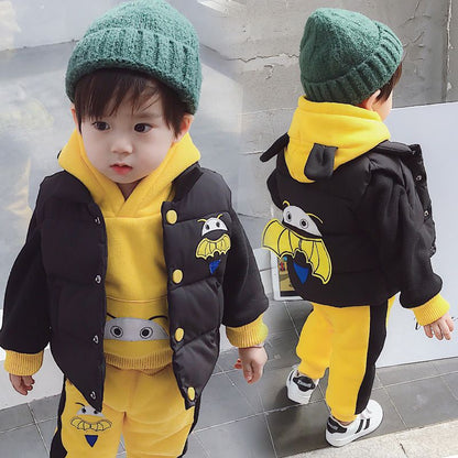 P baby girl 1 year old baby girl 3 children's clothing fleece thickened boys sweater three-piece set children's winter warm jacket set