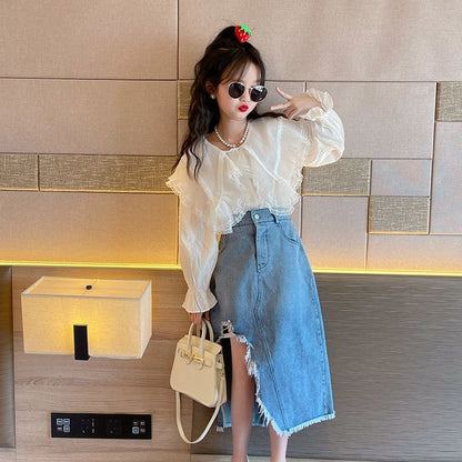 Girls Fashion Set 2024 New Western Style Big Boy Denim Skirt Set Trendy Internet Red Fashion Skirt Korean Edition