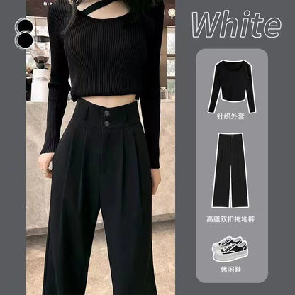 P Pure black wide-leg pants female 2024 new personality, high waist and drooping feeling, casual and loose mopping suit pants, straight pants female